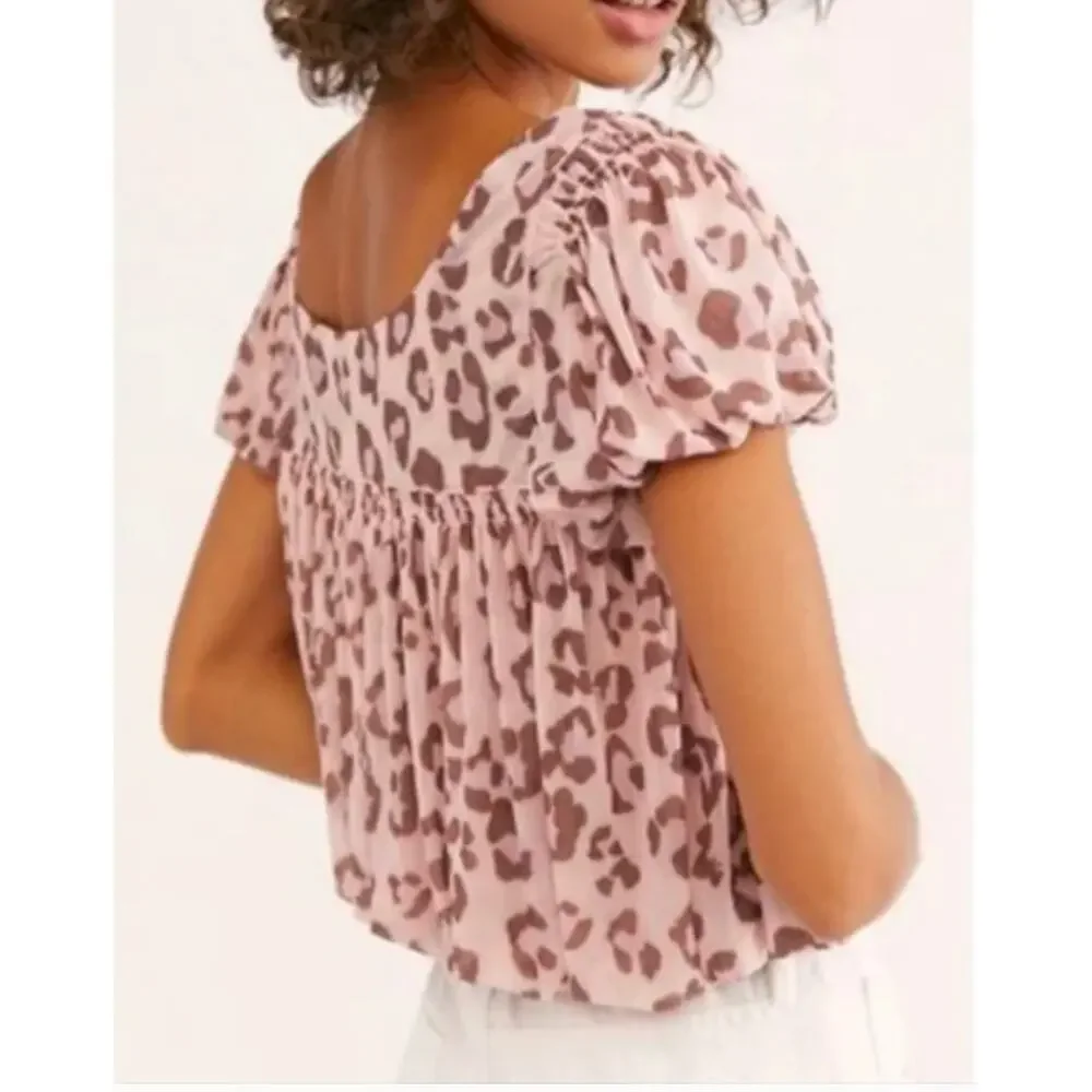 FP Free People Pink Animal Print Black Crop Bubble Hem Blouse Medium Lined